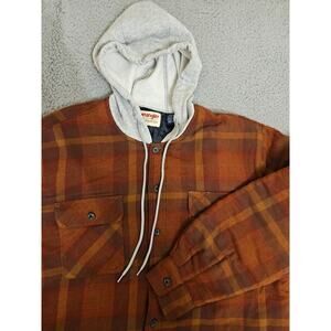 Wrangler Flannel Jacket Shirt Mens LARGE Brown Plaid Quilted Hood Button Up Work
